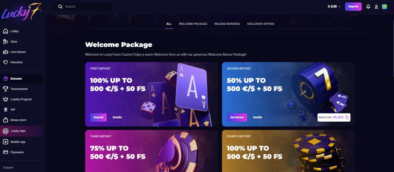 The promotions page of Lucky7 Casino displays a range of casino bonuses, such as the welcome bonus that spreads across your first four deposits.