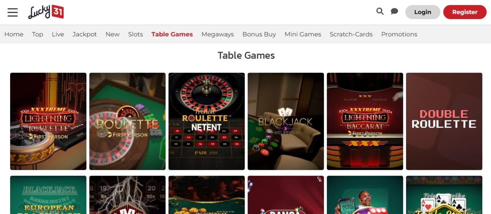 Lucky 31 Casino's table games category, showing variations of roulette and blackjack.