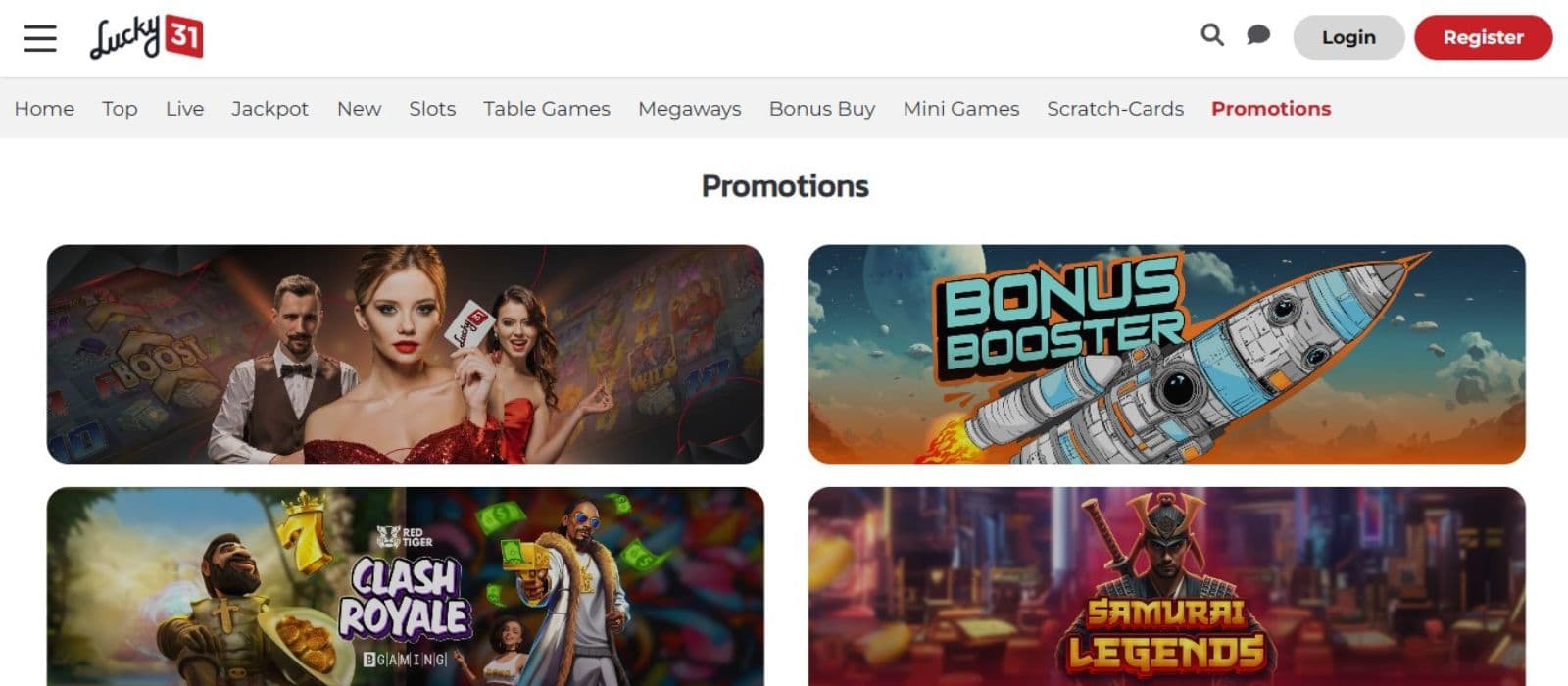 Lucky 31 Casino's promotions page, showing the welcome bonus and other lucrative offers.