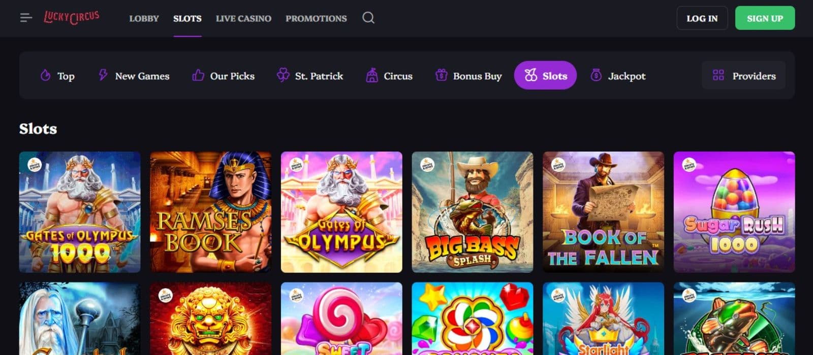 Lucky Circus Casino's slot games section, showing impressive titles like Gates of Olympus and other exciting games.