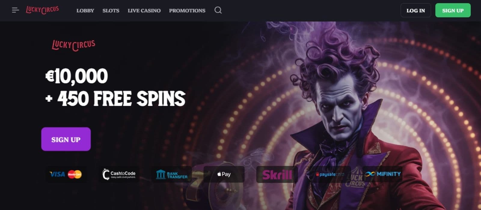 Lucky Circus Casino's homepage, showing the welcome bonus package, a horizontal menu, sign-up button, and various banking methods.