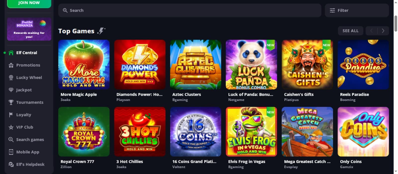 LuckyElf Casino games page with various colorful slot game icons, game category and casino navigation options at the left