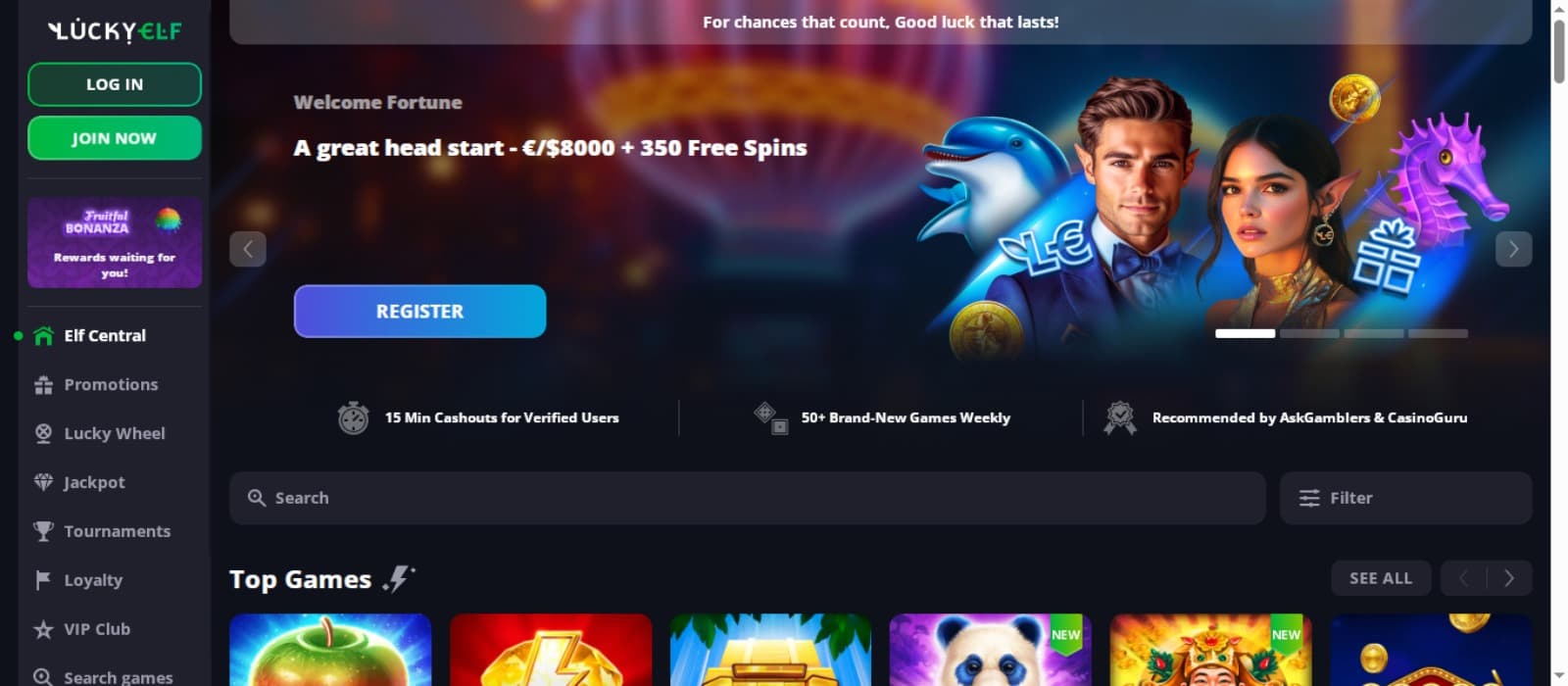LuckyElf Casino landing page with the welcome bonus offer banner, slo game icons and side navigation menus