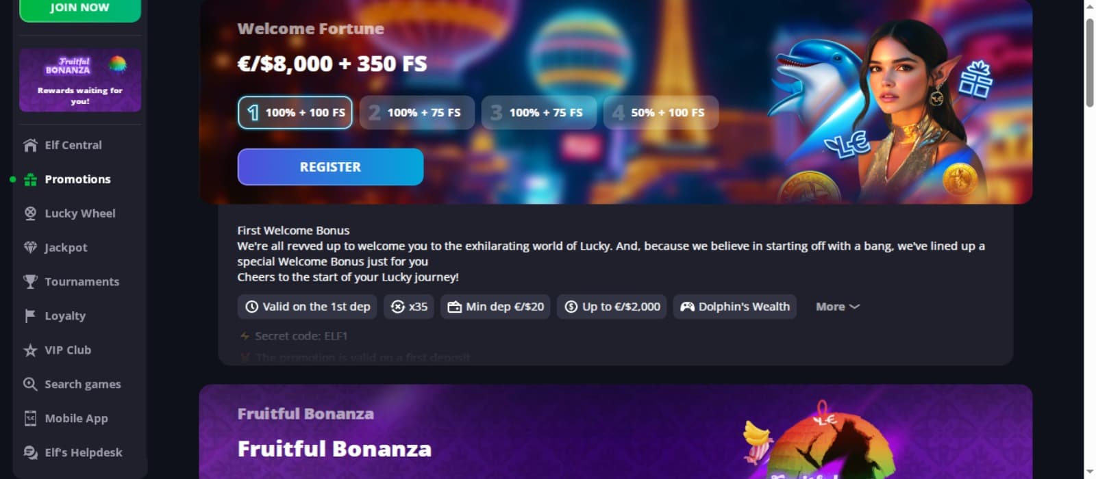 LuckyElf Casino promotions page with the welcome bonus banner and Fruitful Bonanza banner and side navigation menus
