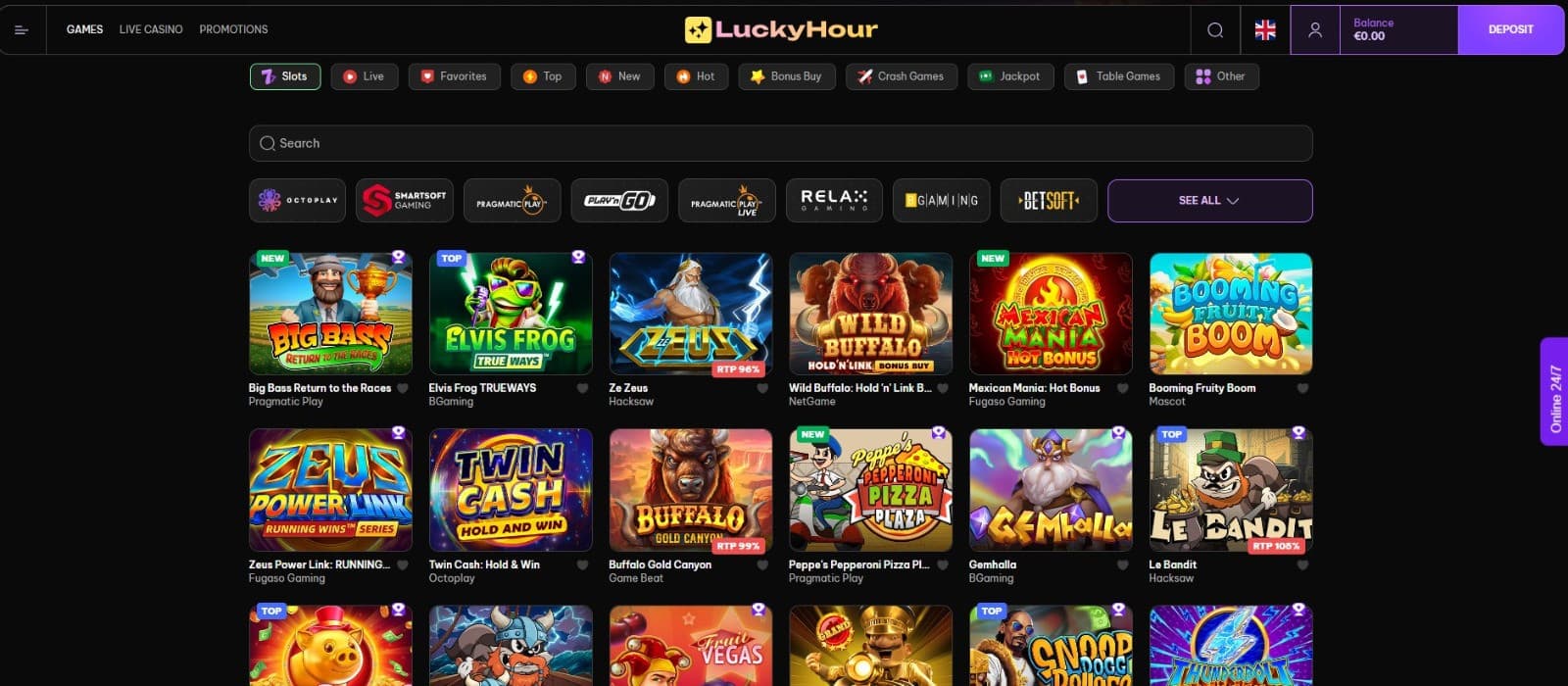 The games page of LuckyHour Casino presents a rich collection of slot games, such as Elvis Frog, Ze Zeus, and more.