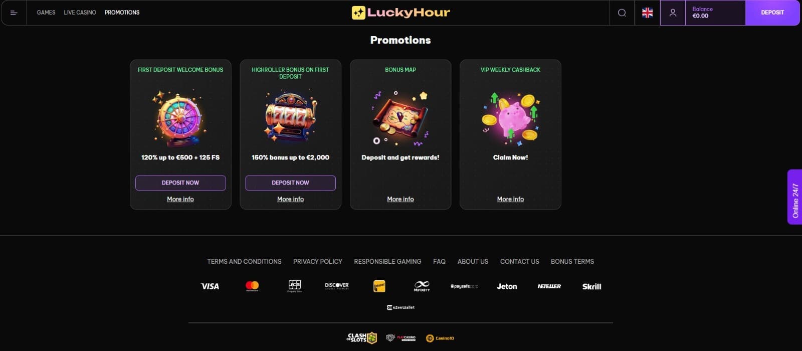 The promotions page of LuckyHour Casino displays a selection of casino bonuses, such as the welcome bonus, high roller bonus, and more.
