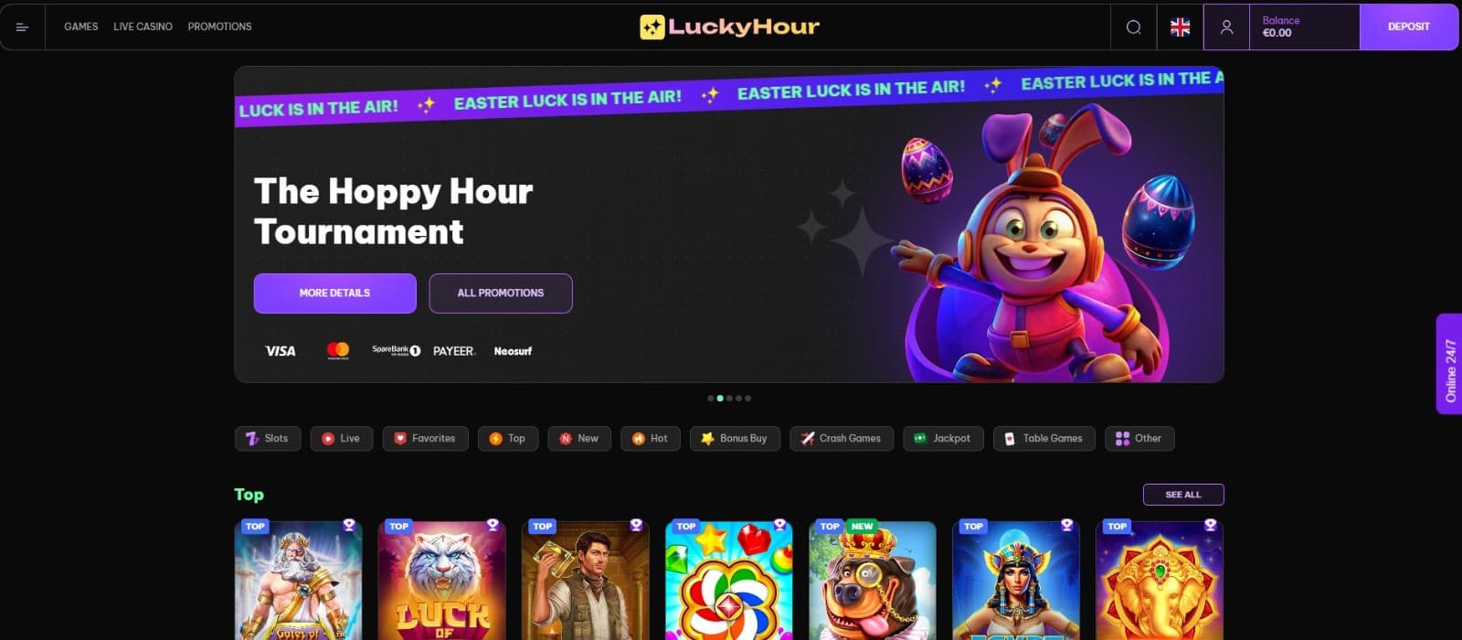 The landing page of  LuckyHour Casino showcases the Happy Hour Tournament and a range of games.