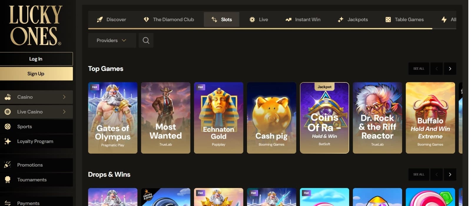 Lucky Ones Casino games page listing slots such as Gates of Olympus and Coins of Ra slots games