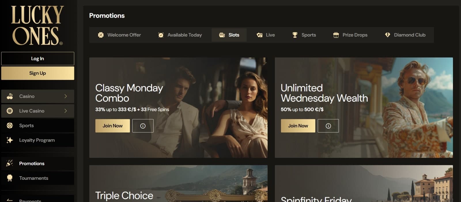 Lucky Ones Casino promotions page featuring reload bonuses such as Monday Combo, Wednesday Wealth and  many other offers