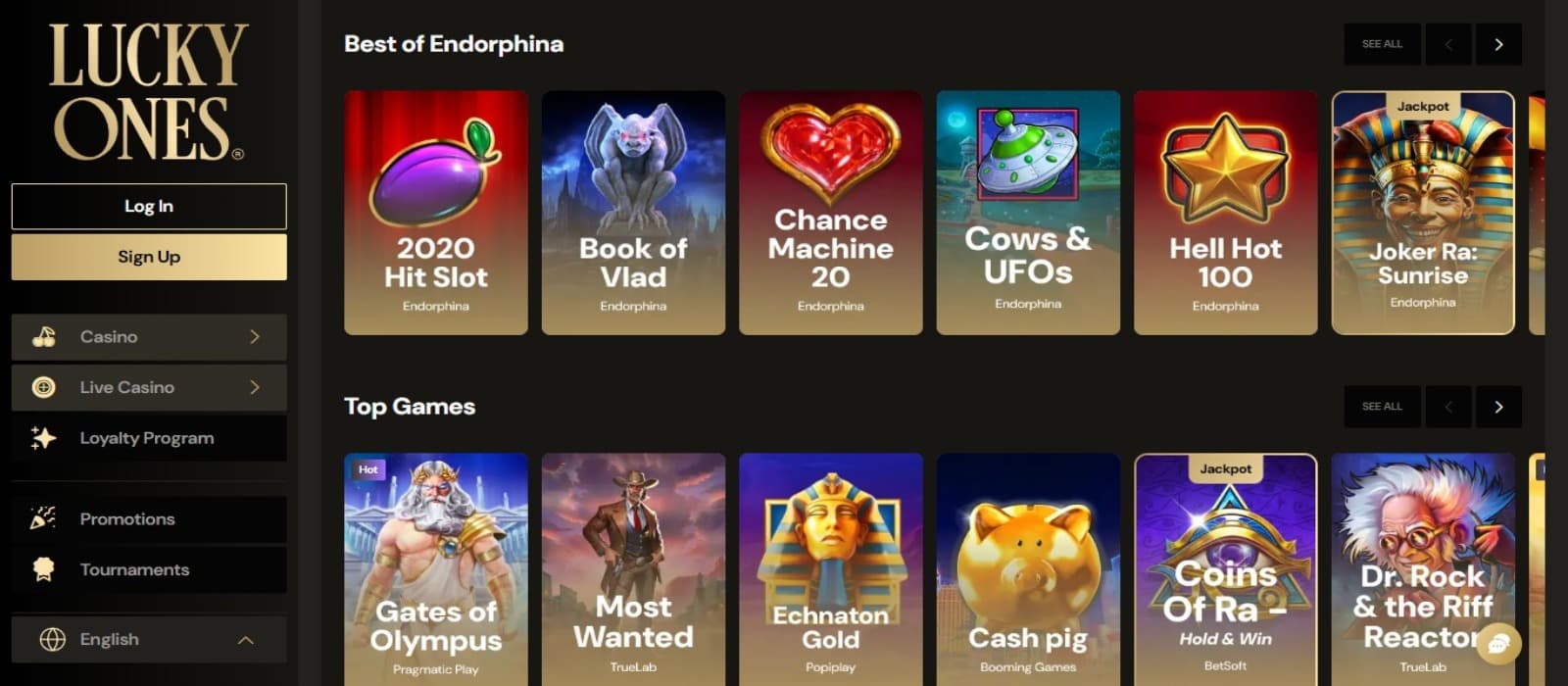 Lucky Ones Casino games page with the slot game icons and categories and side navigational panel
