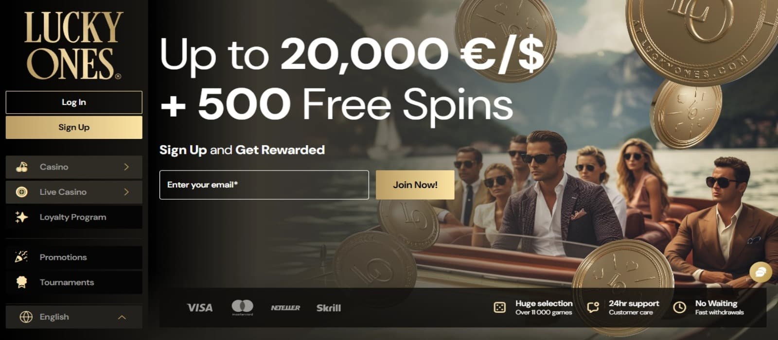 Lucky Ones Casino landing page with the welcome bonus offer banner and navigational menus