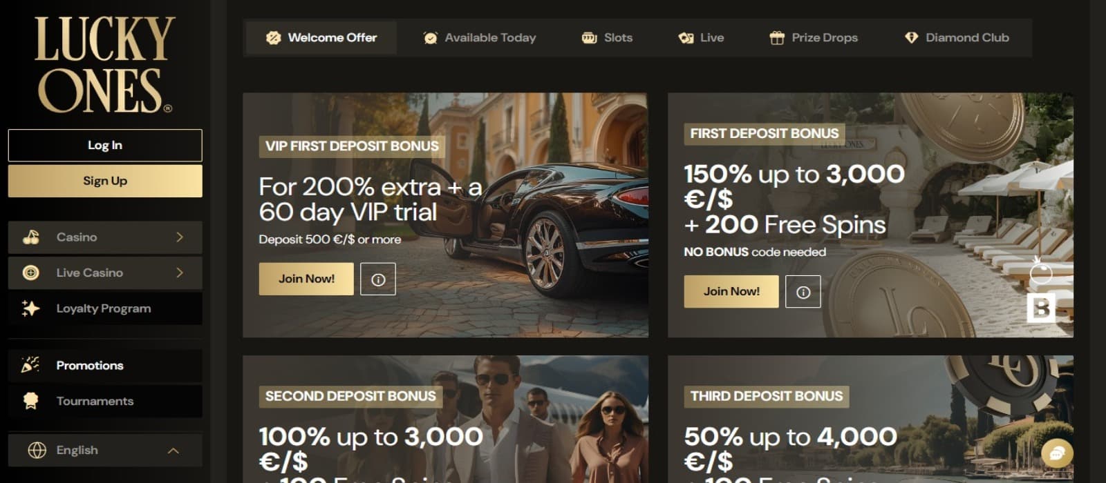 Lucky Ones Casino promotions page with the welcome bonus offer banners and other navigational menus
