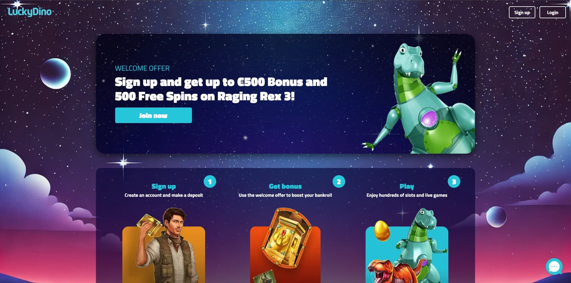 Luckydino Casino landing page showing the welcome bonus offers