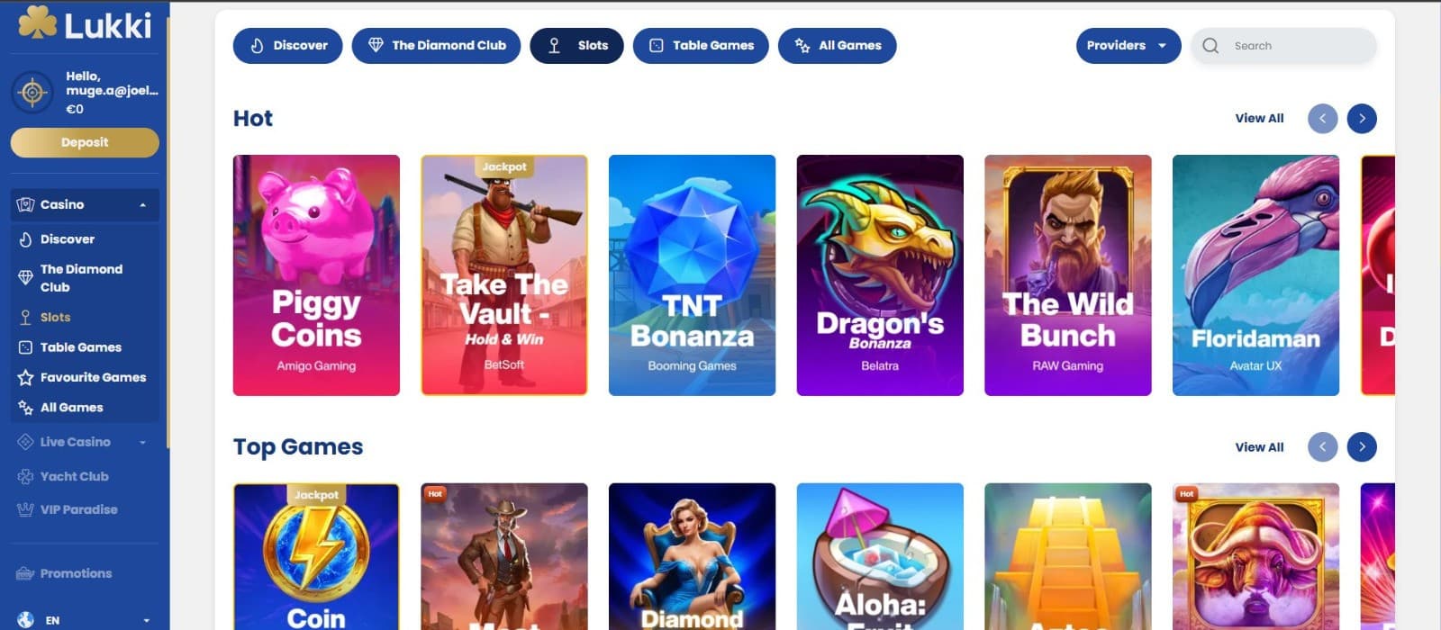 The games page of Lukki Casino displays a wide range of slot games, such as Piggy Coins, Take the Vault, and more.