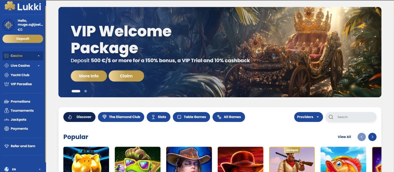  The landing page of Lukki Casino displays the VIP Welcome Package.