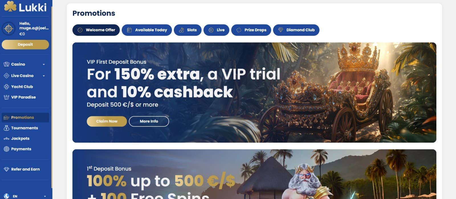 The promotions page of Lukki Casino showcases the VIP First Deposit Bonus of 150% extra and 10% cashback.