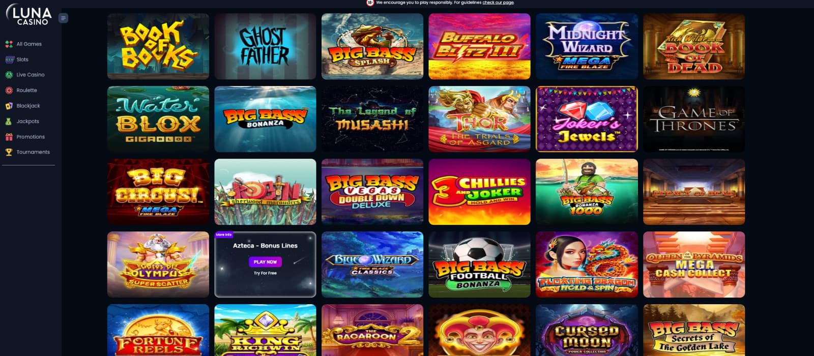 Luna Casino games page showing a grid of slots and casino game categories.