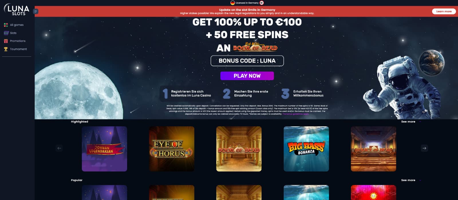 Luna Slots Casino landing page showing the welcome bonus and highlighted slot games.