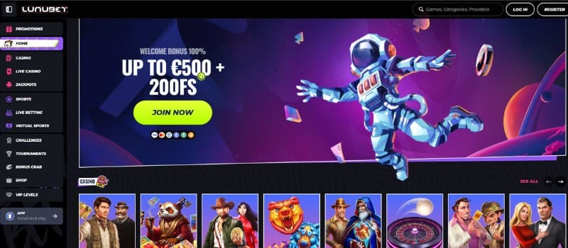 The landing page of Lunubet Casino presents the welcome bonus of up to 500 euros and 200 free spins.