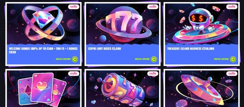The promotions page of Lunubet Casino displays selection of casino bonuses, such as the welcome bonus, Cupid Loot Boxes, and more.
