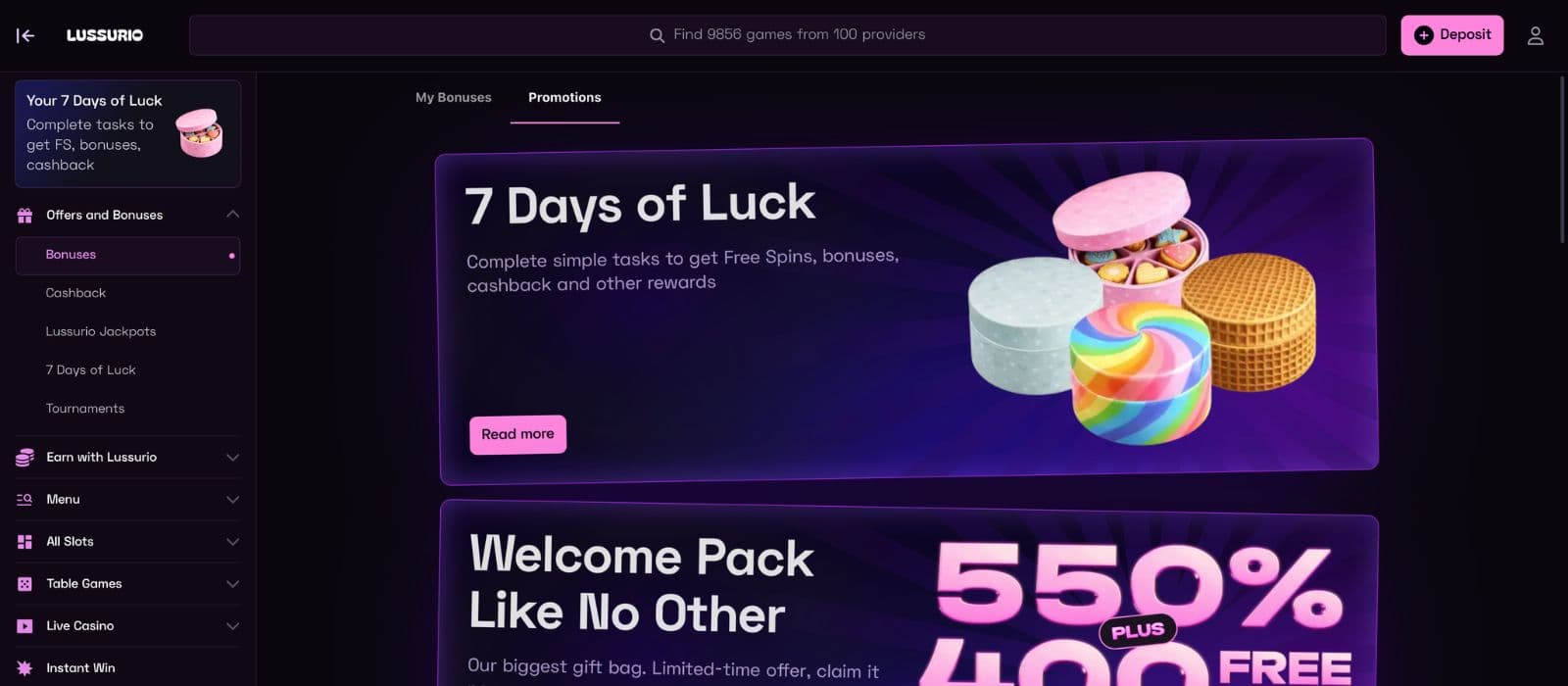 Lussurio Casino bonus page displaying welcome offers, free spins promotions, cashback deals, and VIP rewards within a clean dark-themed layout designed for easy navigation.