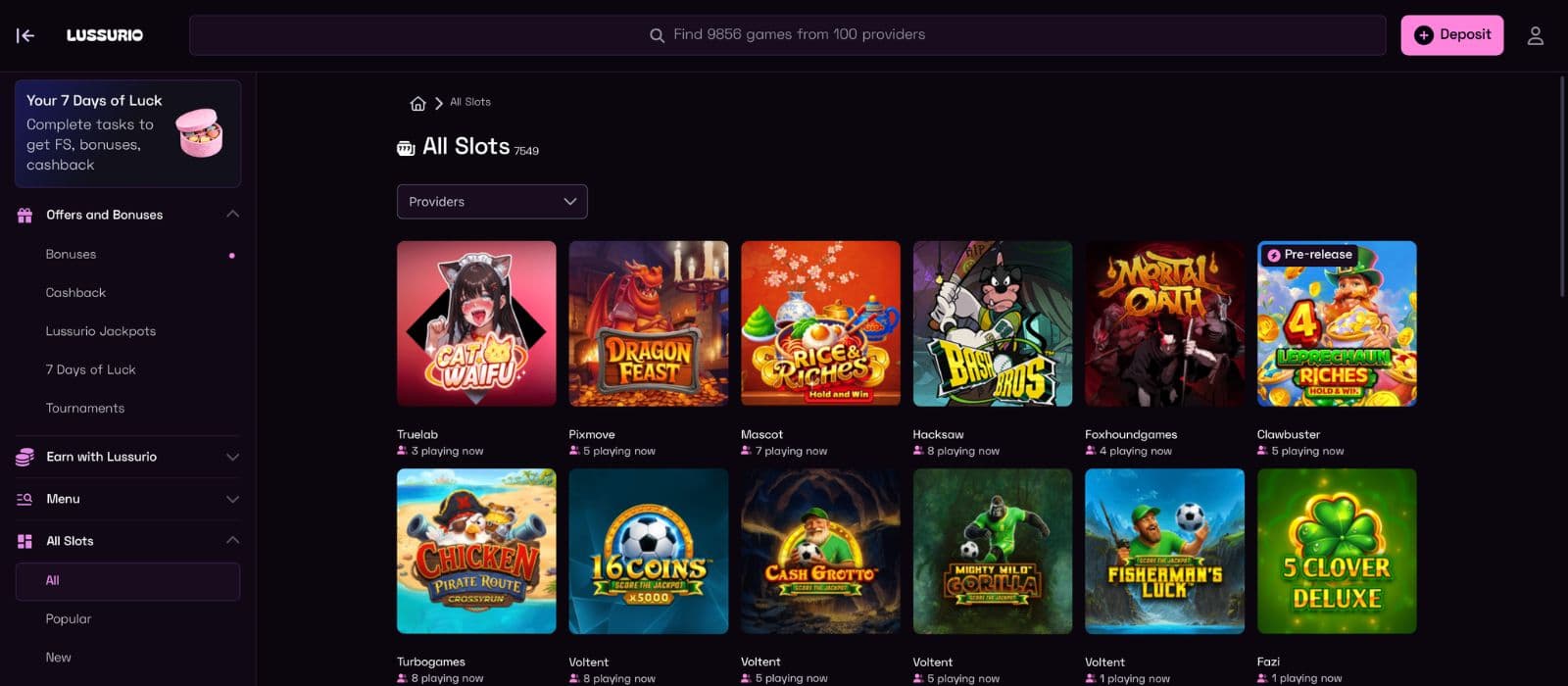 Lussurio Casino game page showcasing a wide selection of slot games and casino titles with colorful thumbnails, provider categories, search filters, and a modern dark interface.