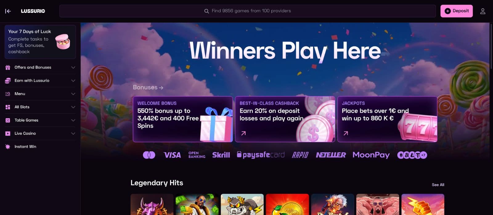 Lussurio Casino homepage featuring a modern dark-themed interface with promotional banners, featured slot games, live casino sections, and streamlined navigation for casino categories and player promotions.