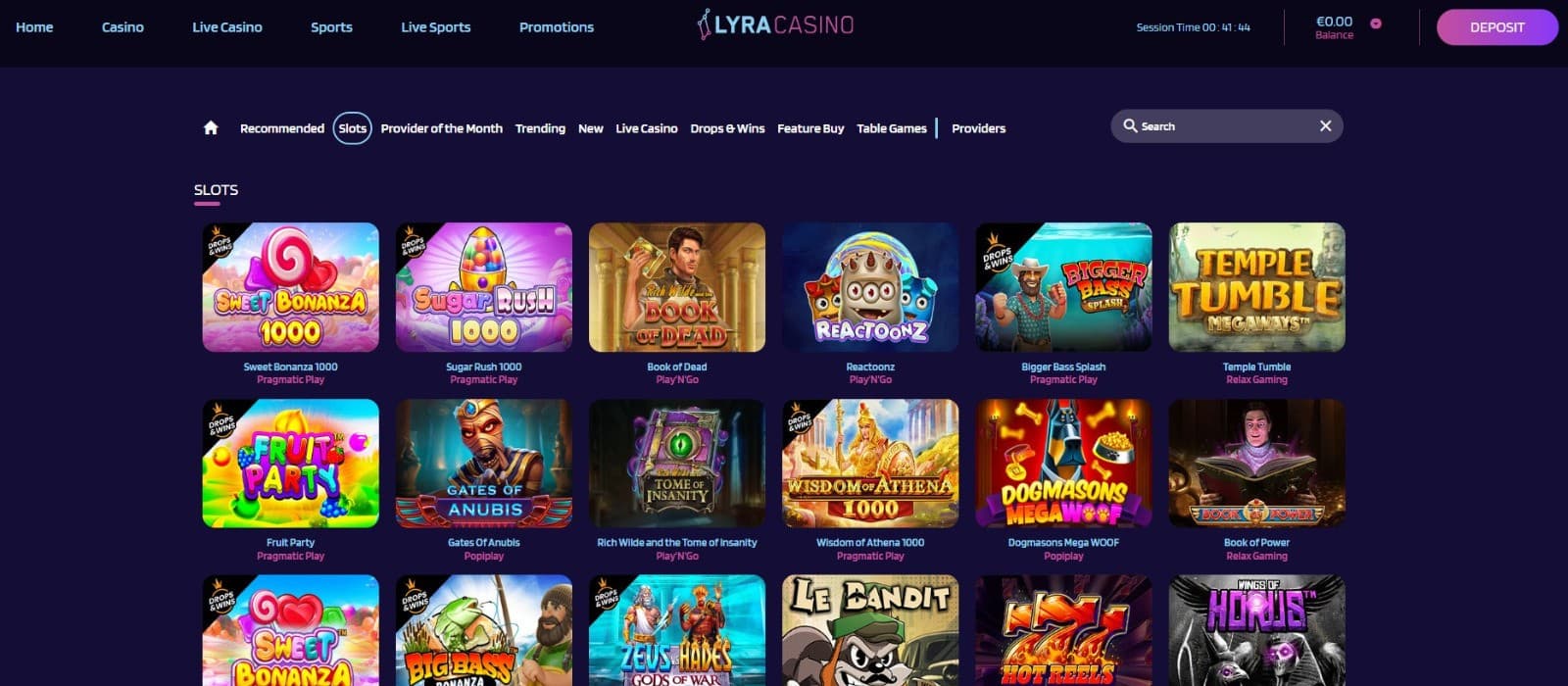 The games page of LyraCasino showcases the slot games, such as Sweet Bonanza 1000, Book of Dead, and more.