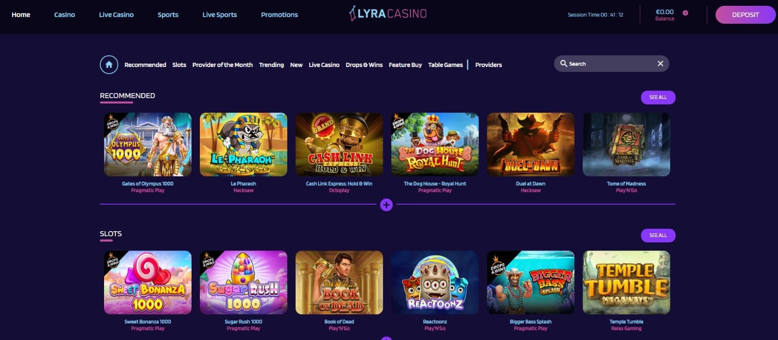 The landing page of LyraCasino presents a rich selection of casino games, such as video slots, live casino games, and more.