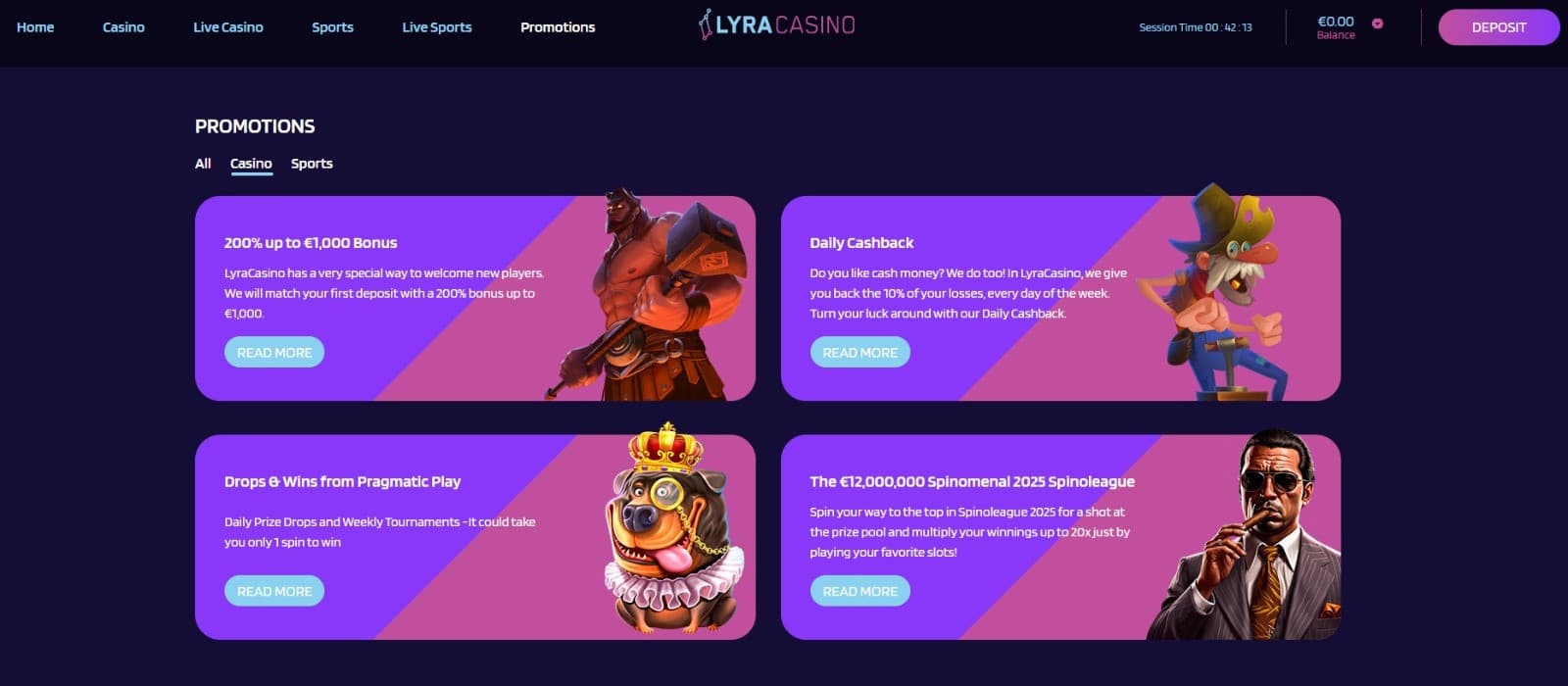 The promotions page of LyraCasino displays a range of casino bonuses, such as the welcome bonus, daily cashback, and more.
