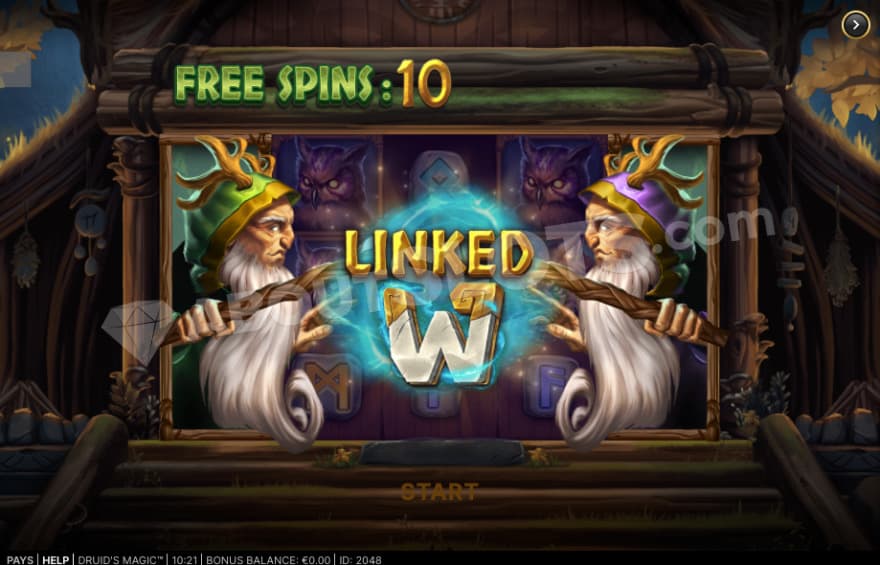 Bonus game intro with a linked w feature being selected by the Druids.