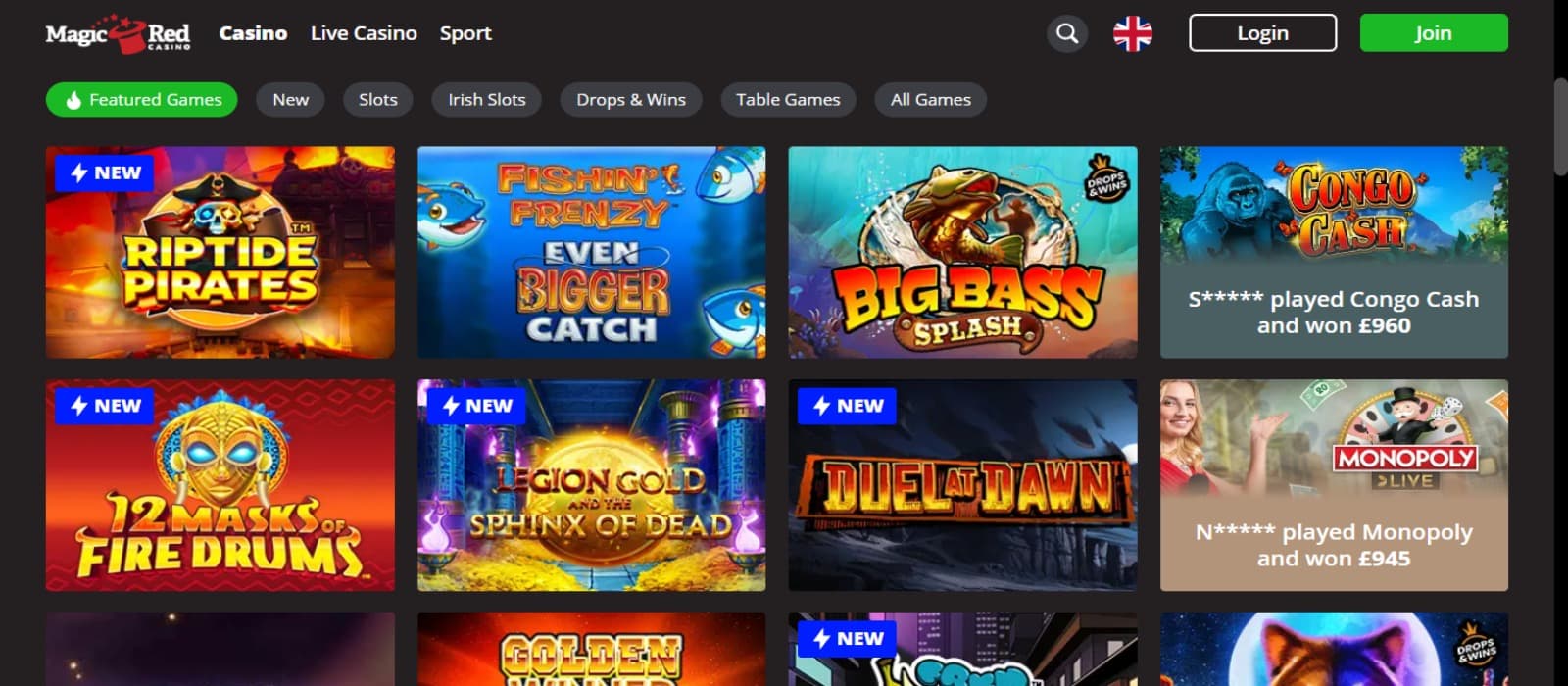 MagicRed Casino games page with the colorful slot game icons and top navigational menus for game categories