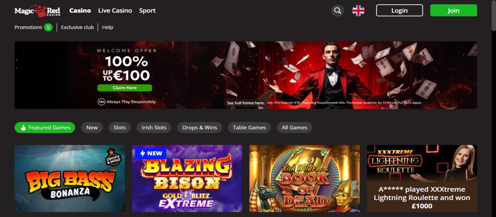 MagicRed Casino landing page with the welcome bonus offer banner, slot game icons below and top navigational menus