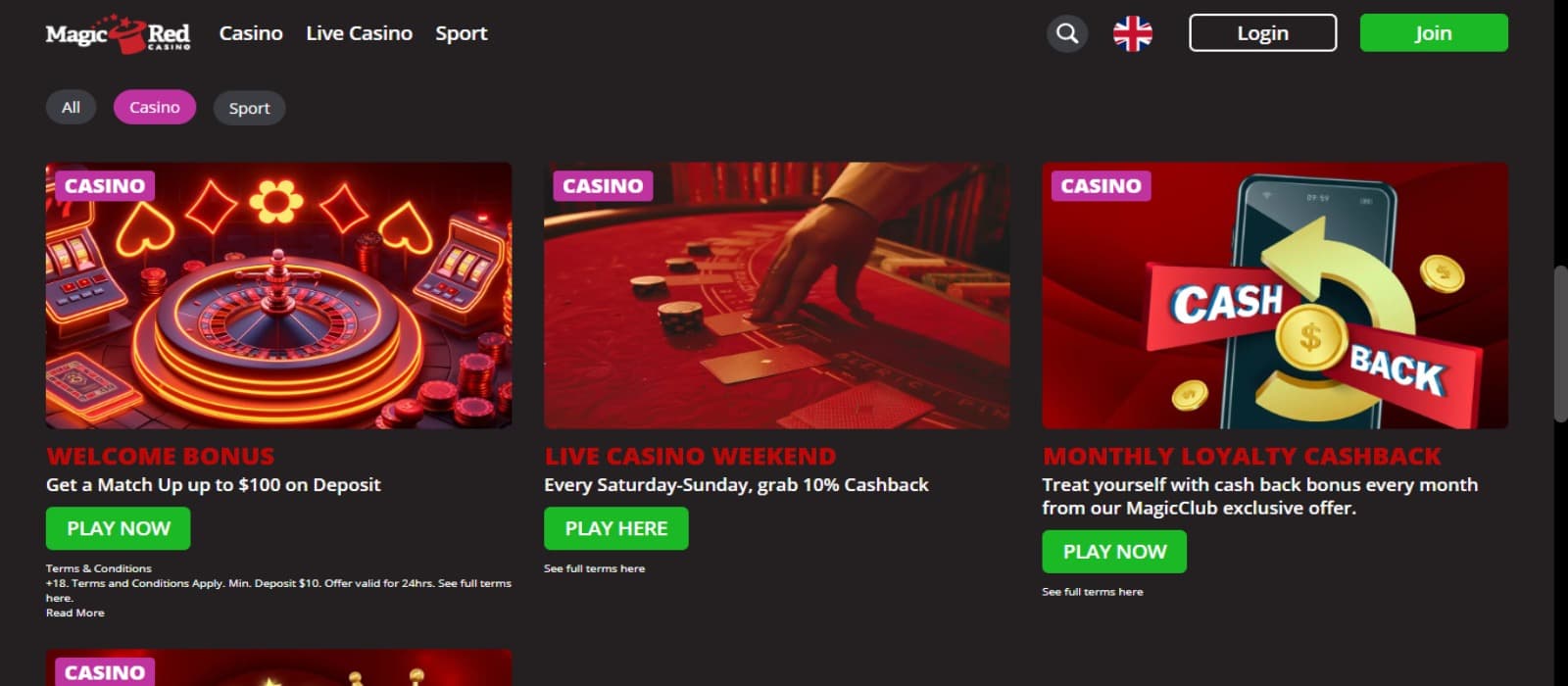 MagicRed Casino promotions page with the various bonus offer banners and top navigational menus