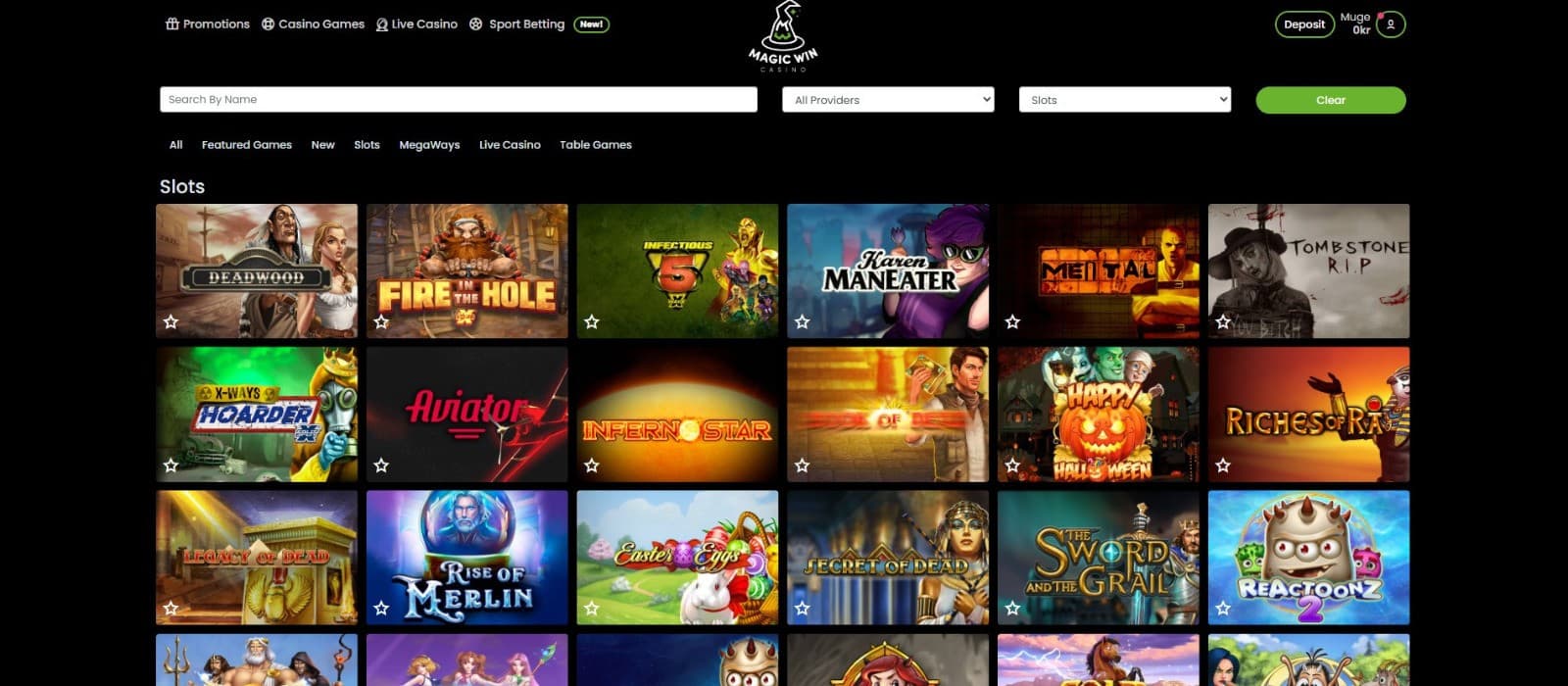 Magic Win Casino's games page displays a wide selection of slot titles, such as DeadWood and Fire in the Hole.