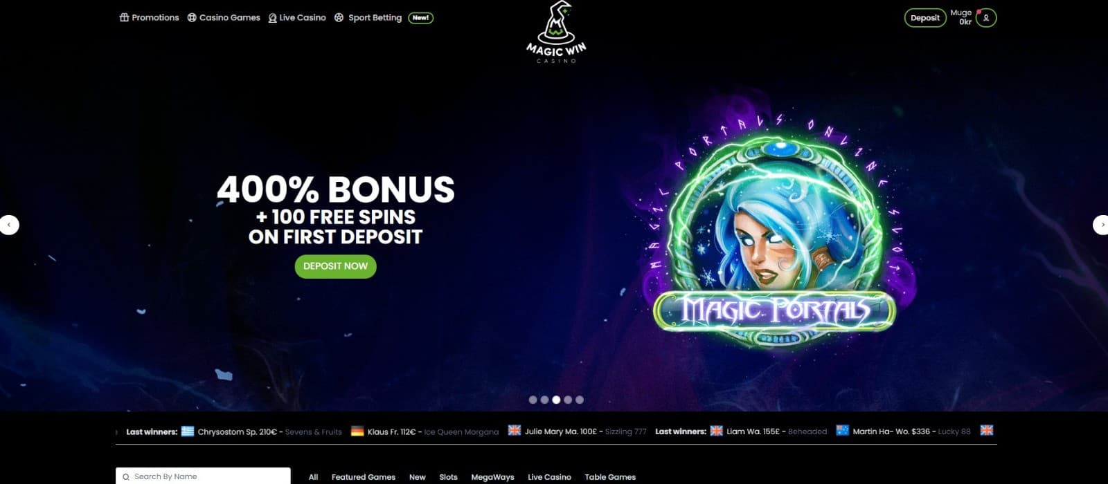 Magic Win Casino's landing page showcases a 400% first-deposit bonus and 100 free spins.