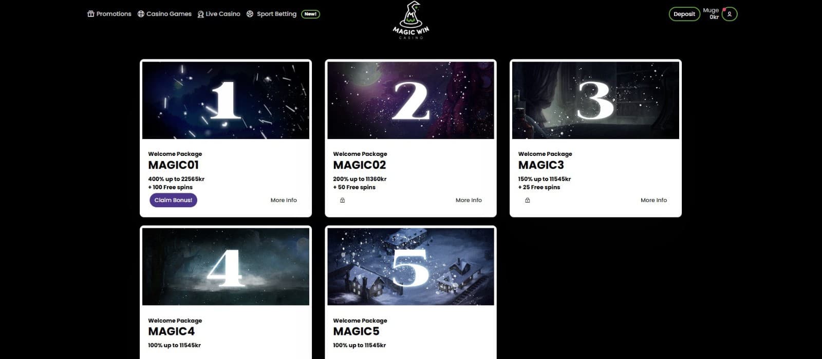  Magic Win Casino's promotions page offers a range of casino bonuses, such as the welcome bonus package for the first five deposits.