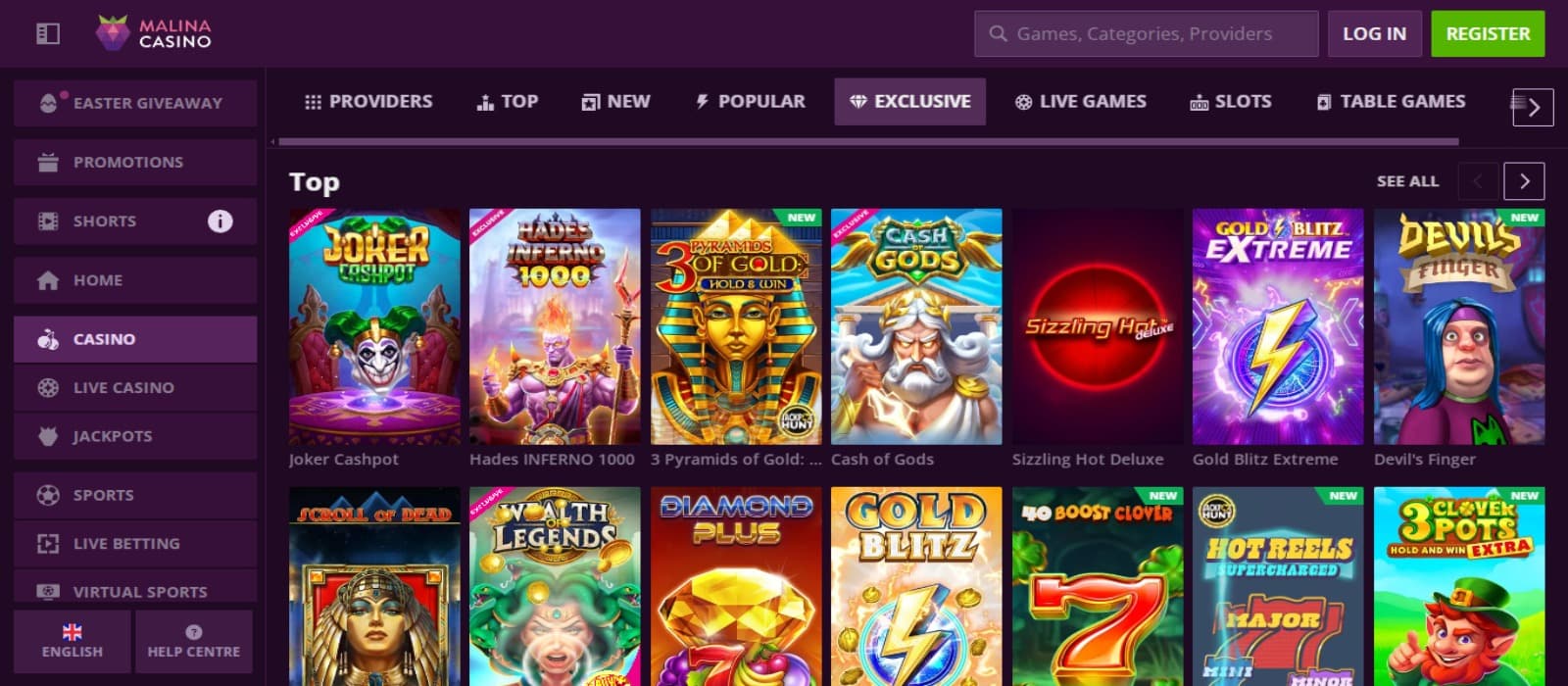 MalinaCasino Casino games page with the colorful slot game icons, game categories above and side navigational panel