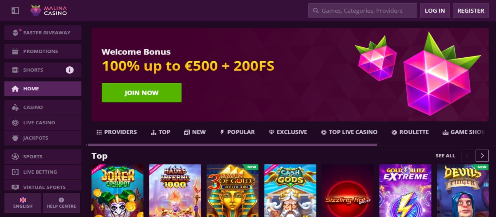 MalinaCasino Casino landing page with the welcome bonus offer banner, slot game icons below and side navigational panel