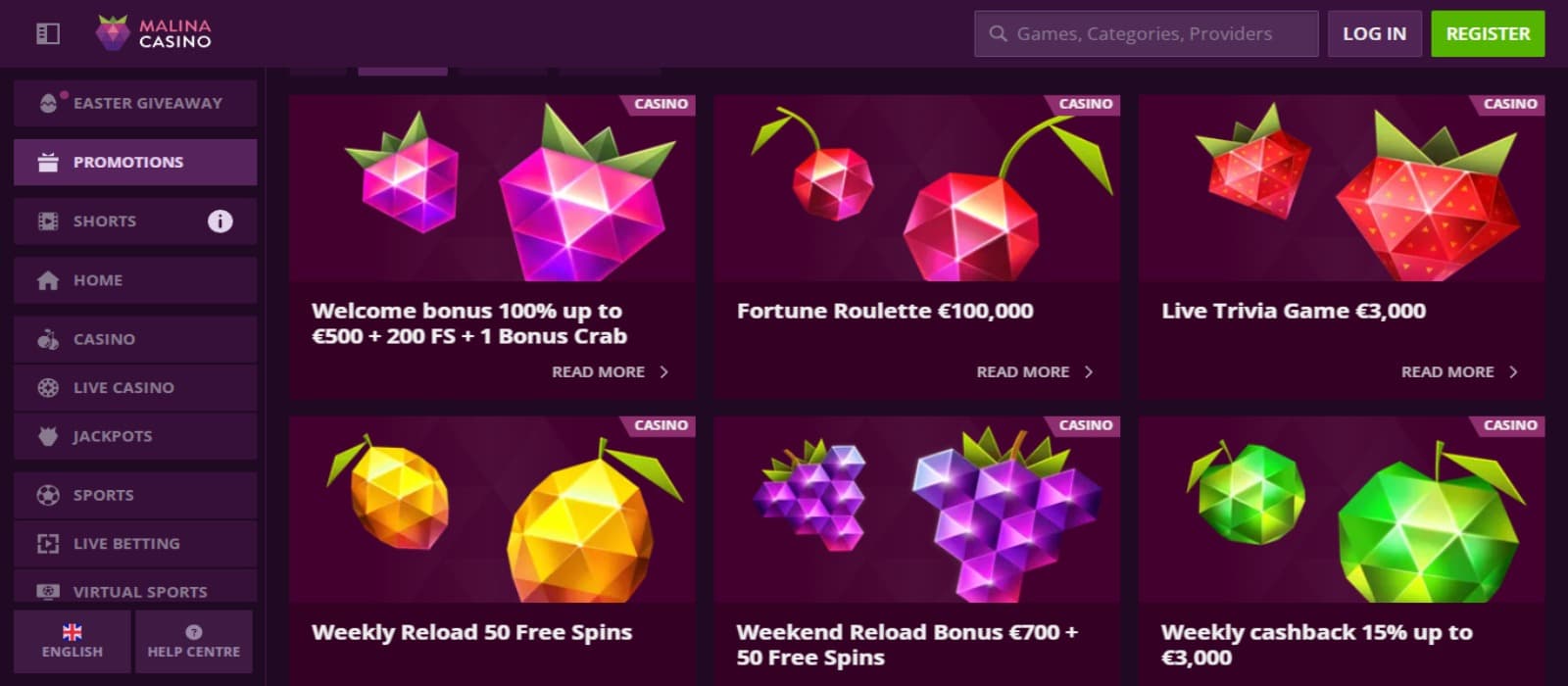 MalinaCasino Casino promotions page with the various bonus offer banners and side navigational menus