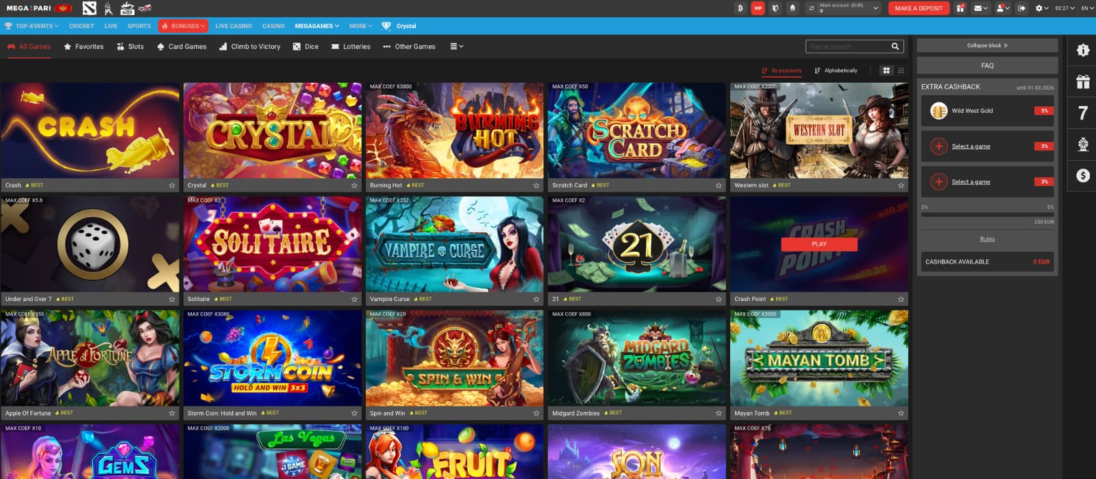 Megapari casino games page with slot grid, provider filters, and titles like Gates of Olympus 1000