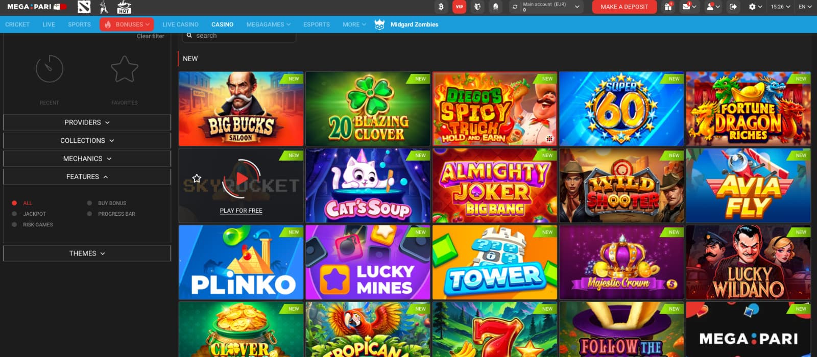 Megapari Casino games page highlighting new slots like Big Bucks Saloon, 20 Blazing Clover, Crystal, Wild Shooter, Lucky Mines, Majestic Crown, and Avia Fly under the ‘New’ tab.