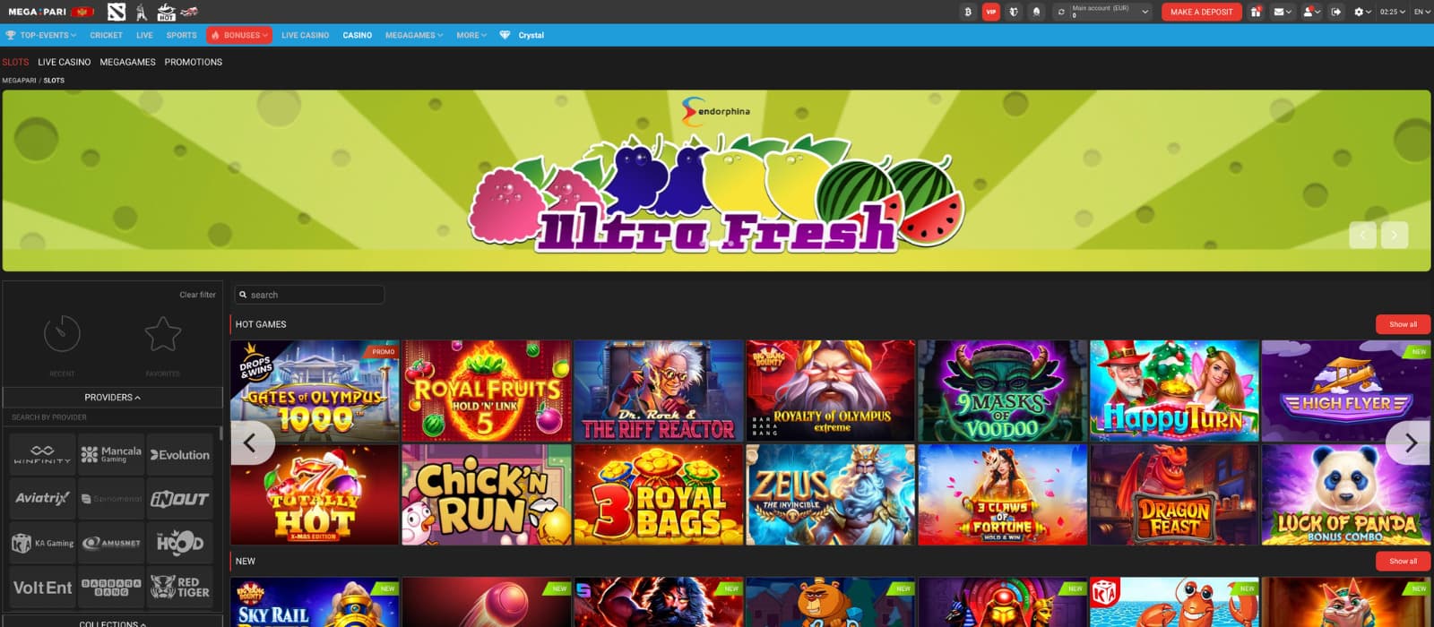 Megapari casino landing categories with crash, crystal, scratch cards, and table games grid