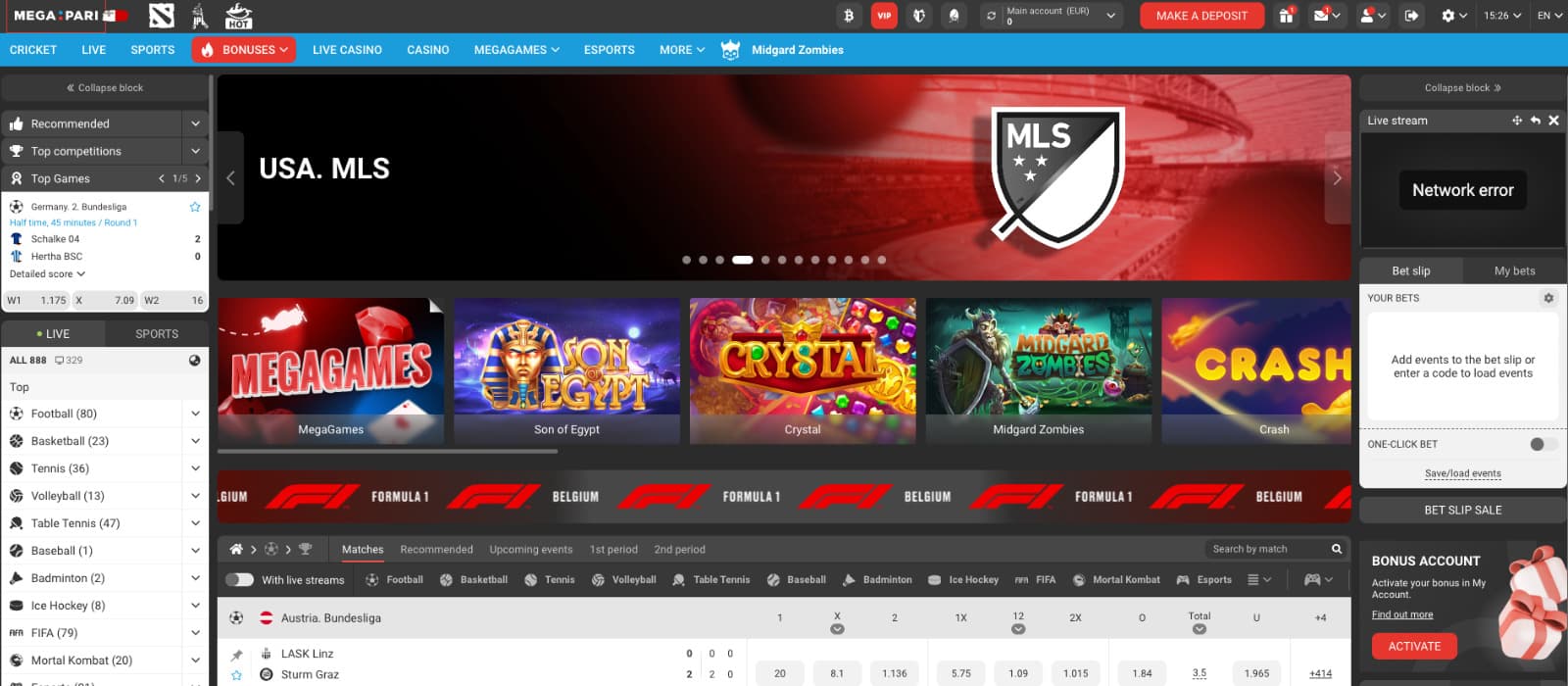 Megapari Casino landing page showing sportsbook navigation bar, live betting section, featured games like MegaGames, Son of Egypt, and Midgard Zombies, plus a bet slip panel on the right.