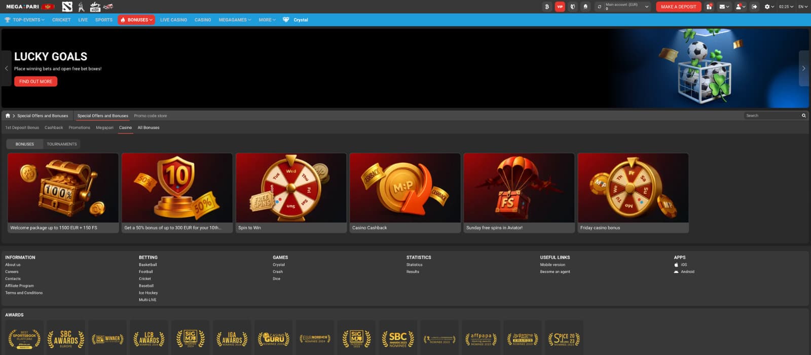 Megapari casino promotions page showing welcome bonus, cashback offers, and spin rewards