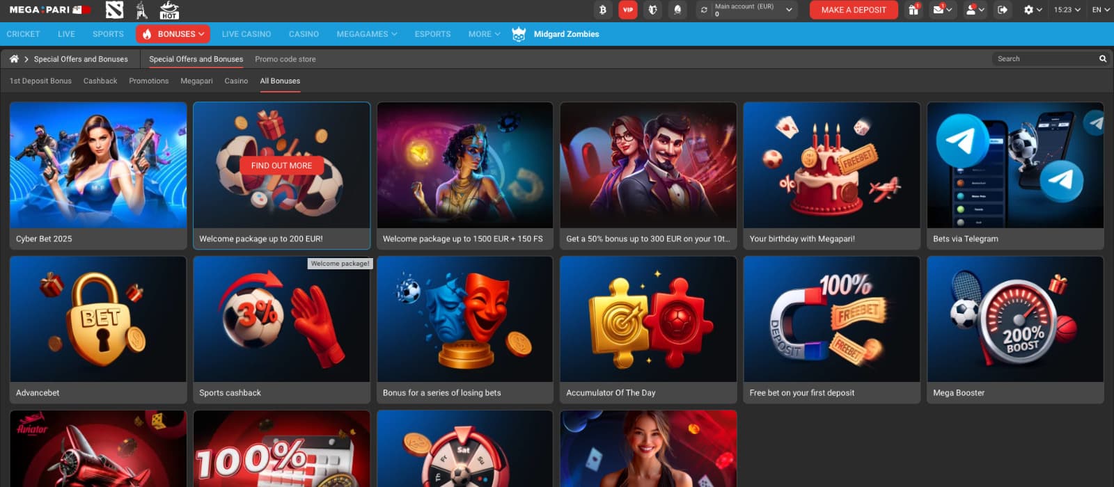 Megapari Casino promotions page displaying bonus tiles including welcome packages, cashback, 10th deposit bonus, Mega Booster, birthday bonus, and special offers via Telegram.