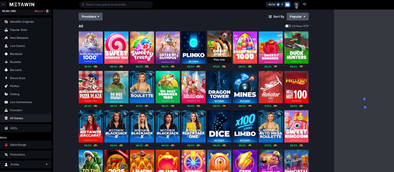 Metawin Casino games page displaying slots, originals, and live casino games with RTP percentages