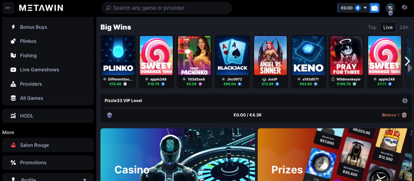 Metawin Casino landing page showing live player wins, prizes, and trending games section