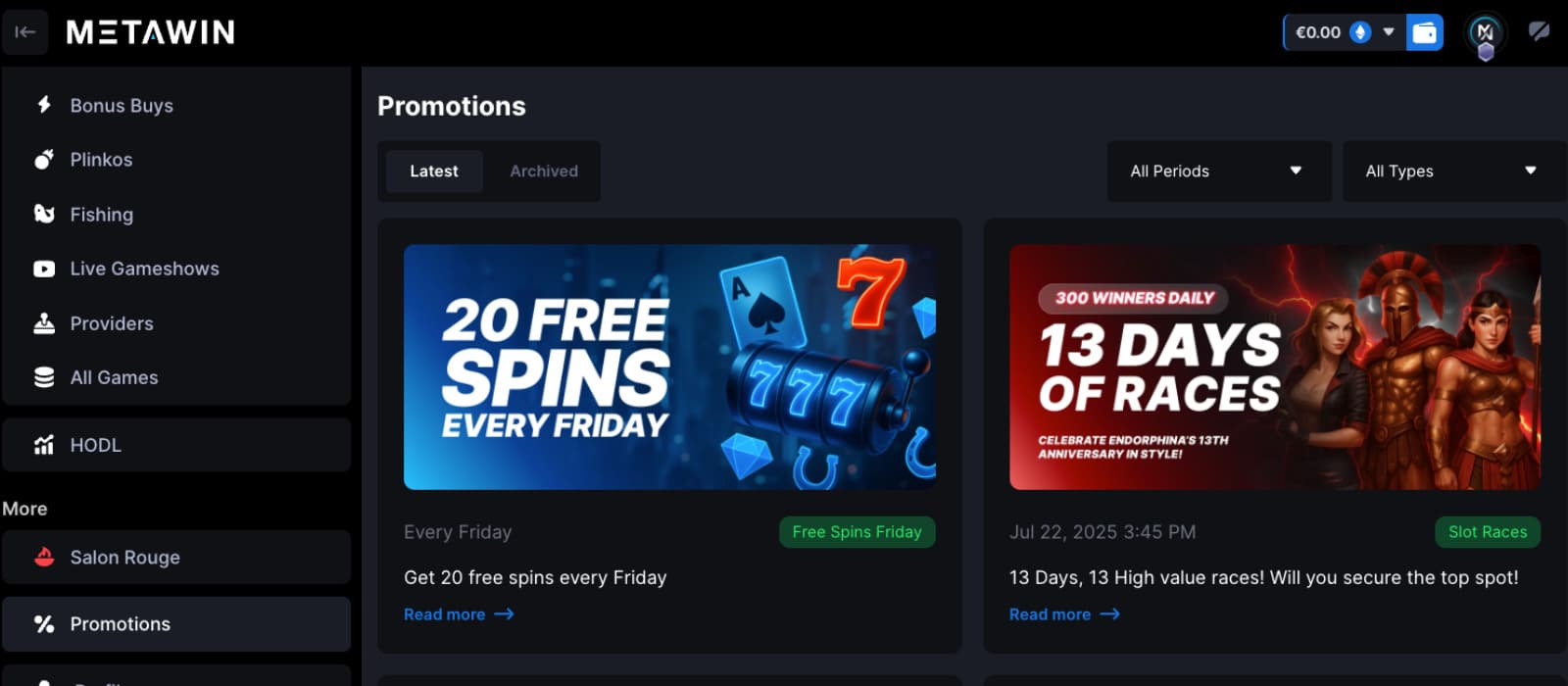 Metawin Casino promotions page showing 20 free spins Friday bonus and 13-day Endorphina race event