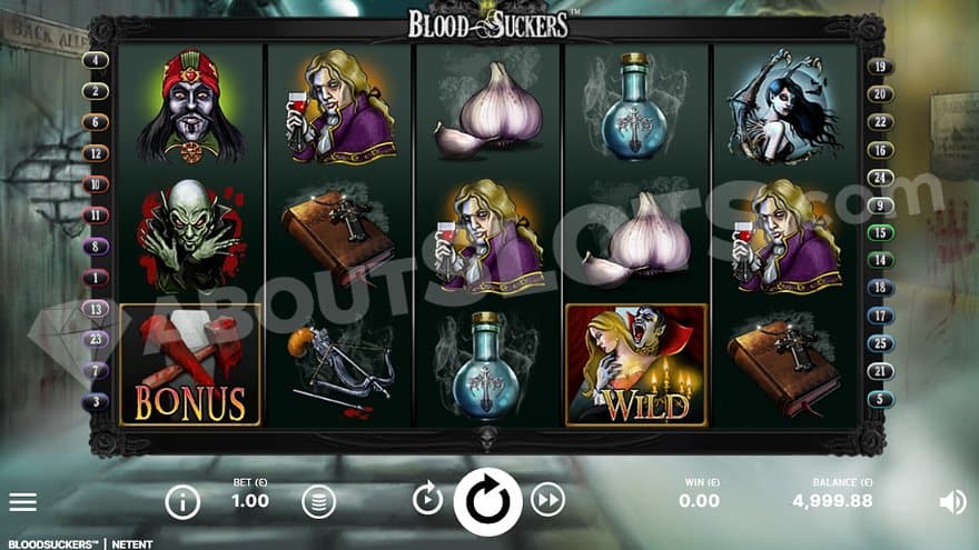 A misty room with a bloody hand print on a wall and the 5 reels containing vampires and other symbols in the middle.